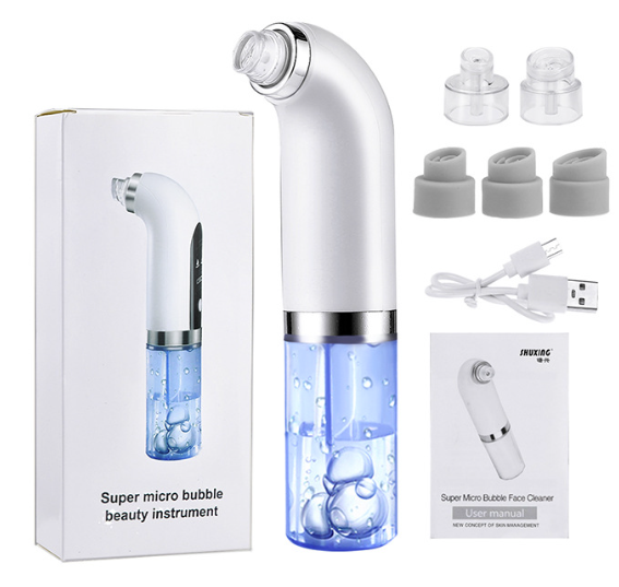 GlowVac™ pore vacuum set with box, suction heads, USB charging cable, and manual
